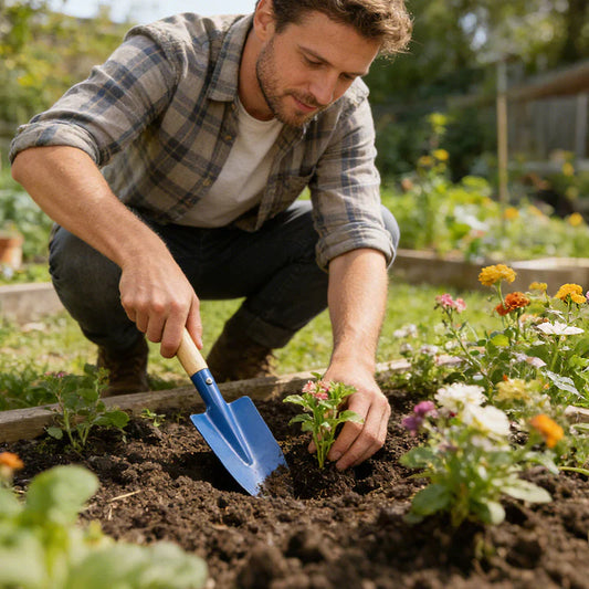 Gardening trowel with a wooden handle