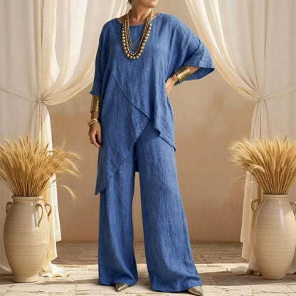 🌸 50% OFF! 👗 Women's 2-Piece Asymmetrical Set – Loose Top + Wide-Leg Pants, Wrinkle-Resistant & Chic 🌿