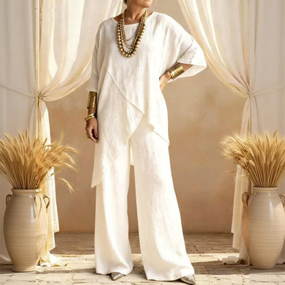 🌸 50% OFF! 👗 Women's 2-Piece Asymmetrical Set – Loose Top + Wide-Leg Pants, Wrinkle-Resistant & Chic 🌿