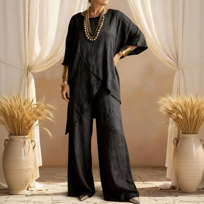 🌸 50% OFF! 👗 Women's 2-Piece Asymmetrical Set – Loose Top + Wide-Leg Pants, Wrinkle-Resistant & Chic 🌿