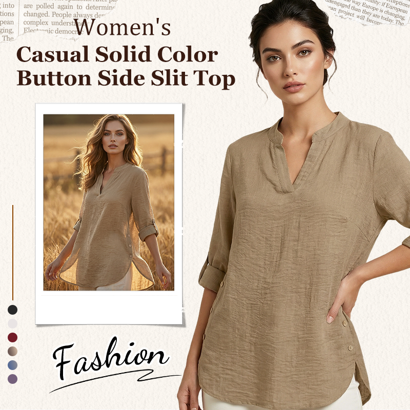 🌿Cotton And Linen Casual Solid Color Button Side Slit Top