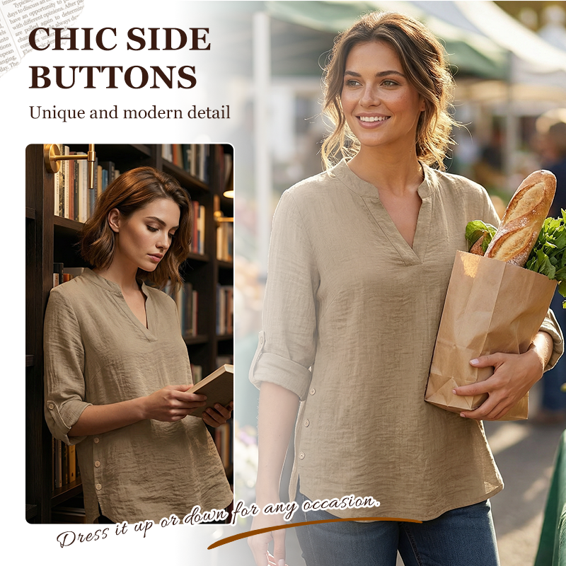 🌿Cotton And Linen Casual Solid Color Button Side Slit Top