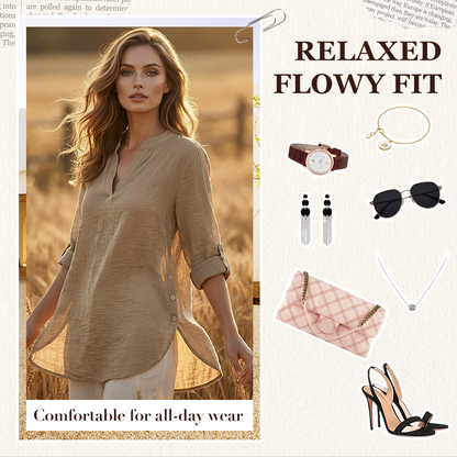 🌿Cotton And Linen Casual Solid Color Button Side Slit Top