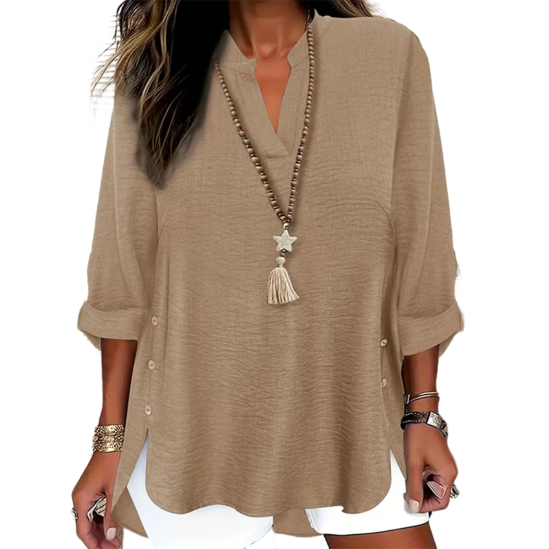 🌿Cotton And Linen Casual Solid Color Button Side Slit Top