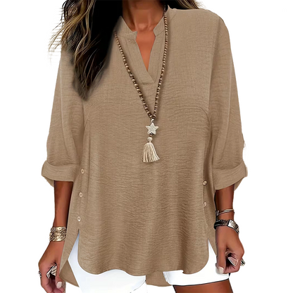 🌿Cotton And Linen Casual Solid Color Button Side Slit Top