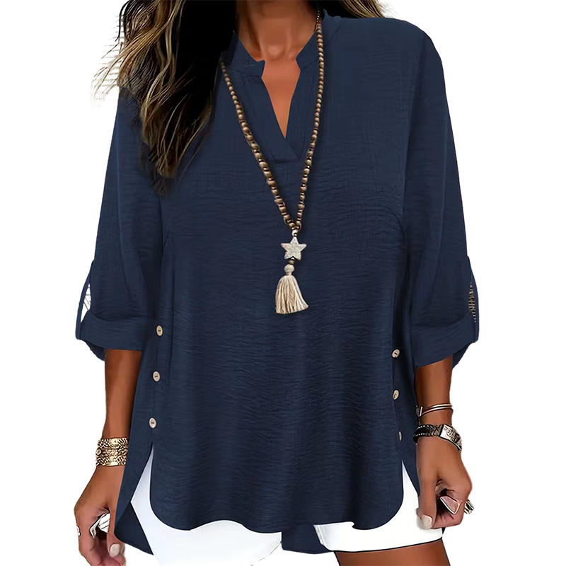 🌿Cotton And Linen Casual Solid Color Button Side Slit Top