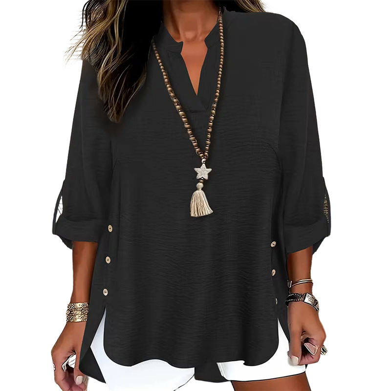🌿Cotton And Linen Casual Solid Color Button Side Slit Top
