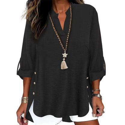🌿Cotton And Linen Casual Solid Color Button Side Slit Top
