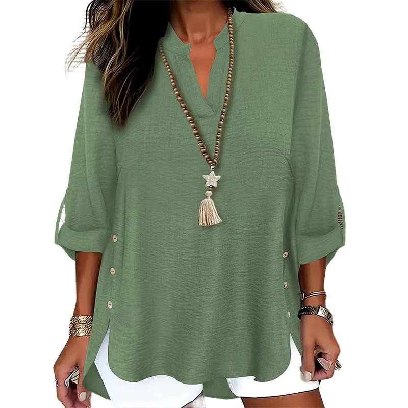 🌿Cotton And Linen Casual Solid Color Button Side Slit Top