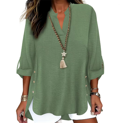 🌿Cotton And Linen Casual Solid Color Button Side Slit Top