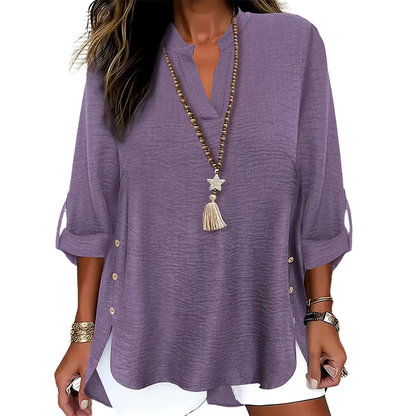 🌿Cotton And Linen Casual Solid Color Button Side Slit Top