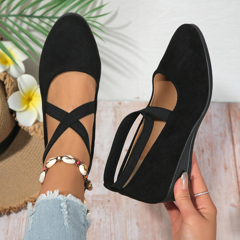 Elegant Solid Color Elastic Strap Low Wedge Shoes