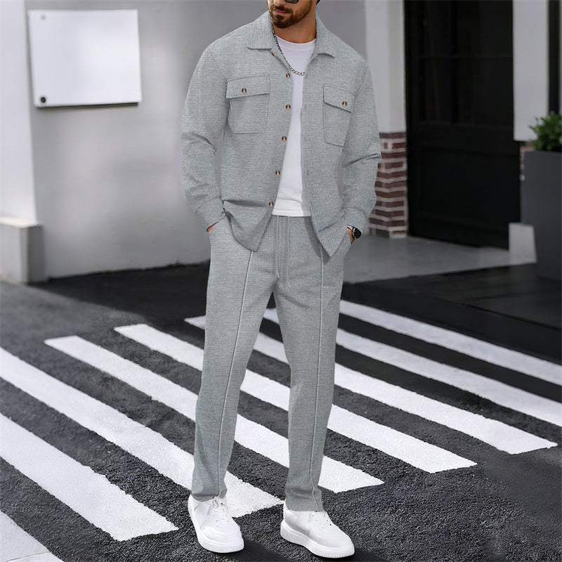 👔 50% OFF NOW! 👖 Men's Waffle Knit Set – Button-Up Jacket, Relaxed Fit Trousers & Breathable Fabric 🧵