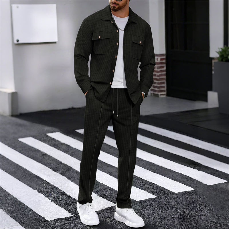 👔 50% OFF NOW! 👖 Men's Waffle Knit Set – Button-Up Jacket, Relaxed Fit Trousers & Breathable Fabric 🧵