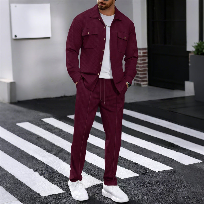👔 50% OFF NOW! 👖 Men's Waffle Knit Set – Button-Up Jacket, Relaxed Fit Trousers & Breathable Fabric 🧵