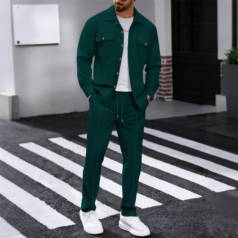 👔 50% OFF NOW! 👖 Men's Waffle Knit Set – Button-Up Jacket, Relaxed Fit Trousers & Breathable Fabric 🧵