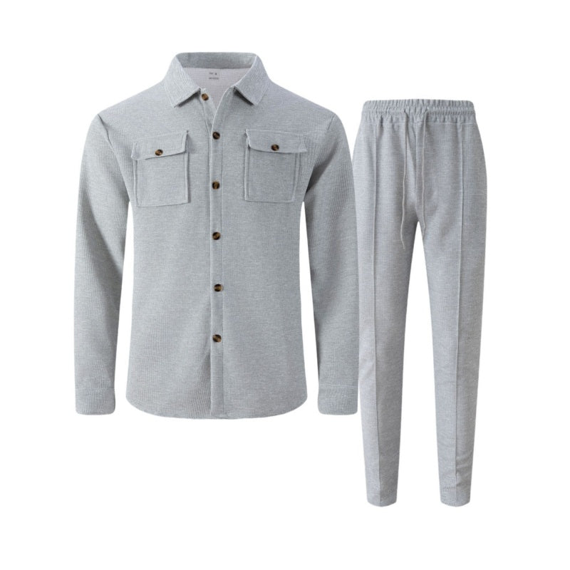 👔 50% OFF NOW! 👖 Men's Waffle Knit Set – Button-Up Jacket, Relaxed Fit Trousers & Breathable Fabric 🧵