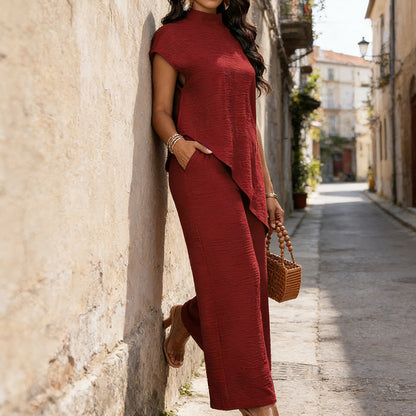 ⏰🔥50% OFF! 💎 Women’s 2-Piece Set – Asymmetrical Hem Top & Wide-Leg Pants, Elegant & Flattering ✨💃