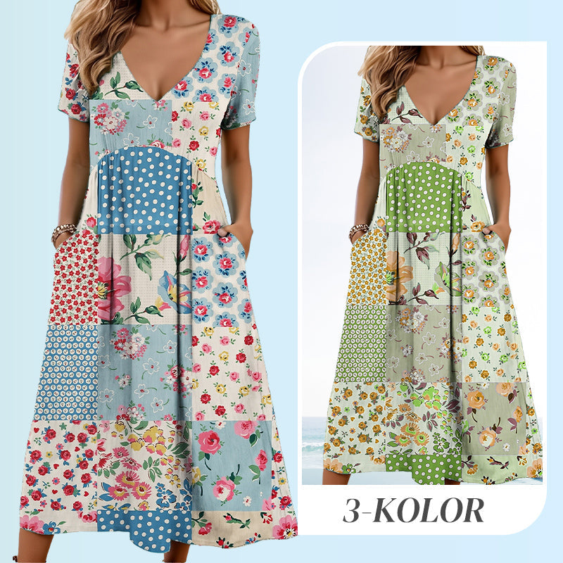 💙50% OFF! Women's Patterned V-Neck Short Sleeve Dress – Soft fabric, slim flattering fit, casual daily essential🌿✅