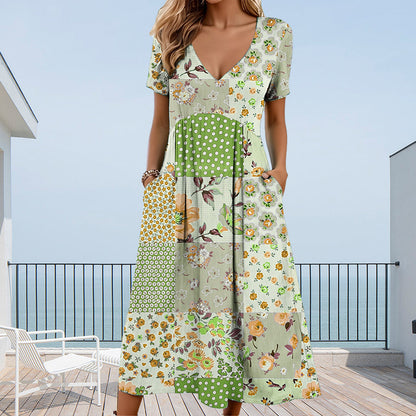 💙50% OFF! Women's Patterned V-Neck Short Sleeve Dress – Soft fabric, slim flattering fit, casual daily essential🌿✅
