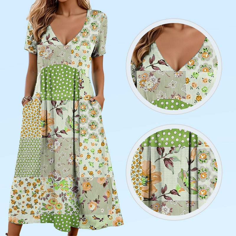 💙50% OFF! Women's Patterned V-Neck Short Sleeve Dress – Soft fabric, slim flattering fit, casual daily essential🌿✅