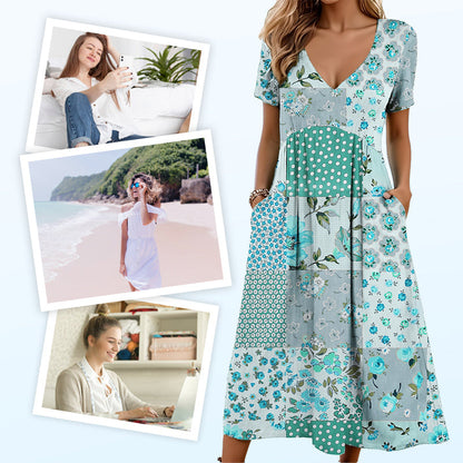 💙50% OFF! Women's Patterned V-Neck Short Sleeve Dress – Soft fabric, slim flattering fit, casual daily essential🌿✅