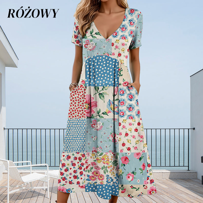 💙50% OFF! Women's Patterned V-Neck Short Sleeve Dress – Soft fabric, slim flattering fit, casual daily essential🌿✅