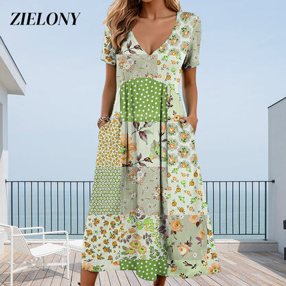 💙50% OFF! Women's Patterned V-Neck Short Sleeve Dress – Soft fabric, slim flattering fit, casual daily essential🌿✅