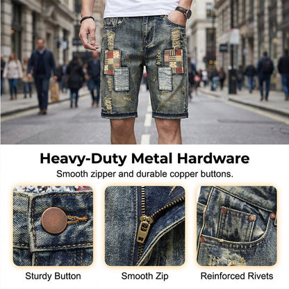 🔥 Men’s Ripped Denim Shorts – Patchwork Design for Street Style Edge 👖✨