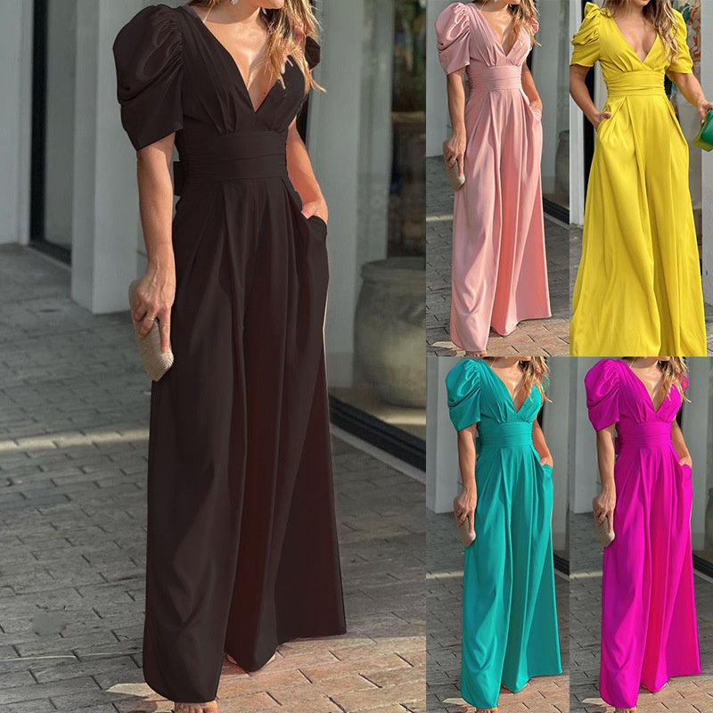 👗 50% OFF NOW! 🌸 Women's Deep V-Neck Wide Leg Jumpsuit – High Waist, Flowy Style & Soft Fabric ✨
