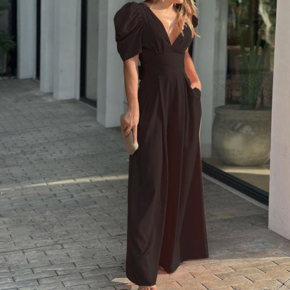 👗 50% OFF NOW! 🌸 Women's Deep V-Neck Wide Leg Jumpsuit – High Waist, Flowy Style & Soft Fabric ✨