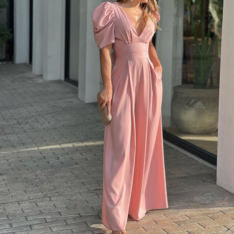 👗 50% OFF NOW! 🌸 Women's Deep V-Neck Wide Leg Jumpsuit – High Waist, Flowy Style & Soft Fabric ✨