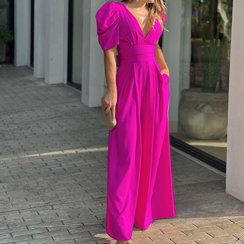 👗 50% OFF NOW! 🌸 Women's Deep V-Neck Wide Leg Jumpsuit – High Waist, Flowy Style & Soft Fabric ✨