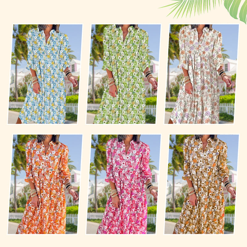⏳Limited-time Sale 50% OFF👗Women's 2026 V-Neck Long Puff Sleeve Bohemian Floral Dress