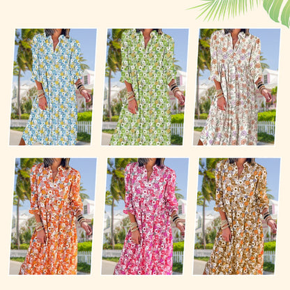 ⏳Limited-time Sale 50% OFF👗Women's 2026 V-Neck Long Puff Sleeve Bohemian Floral Dress