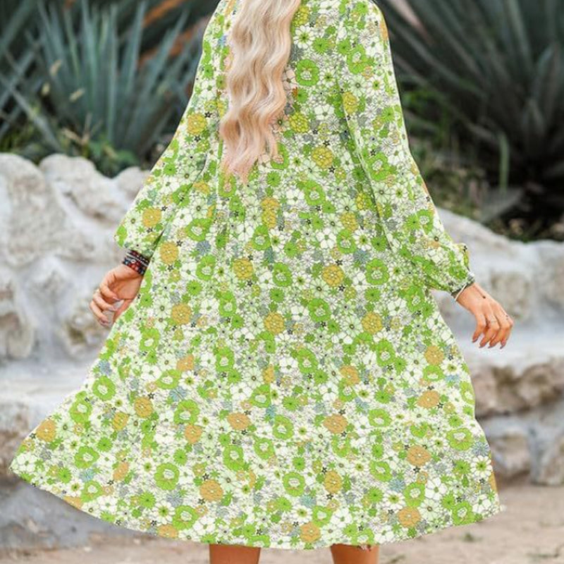 ⏳Limited-time Sale 50% OFF👗Women's 2026 V-Neck Long Puff Sleeve Bohemian Floral Dress