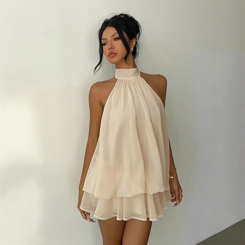 👗 LIMITED TIME 50% OFF! 🌸 Women's Flowy Halter Drop-Waist Mini Dress – Elegant Backless & Tiered Layered Fabric ✨