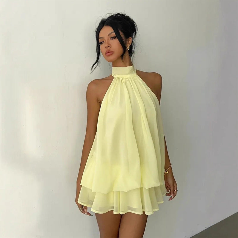 👗 LIMITED TIME 50% OFF! 🌸 Women's Flowy Halter Drop-Waist Mini Dress – Elegant Backless & Tiered Layered Fabric ✨