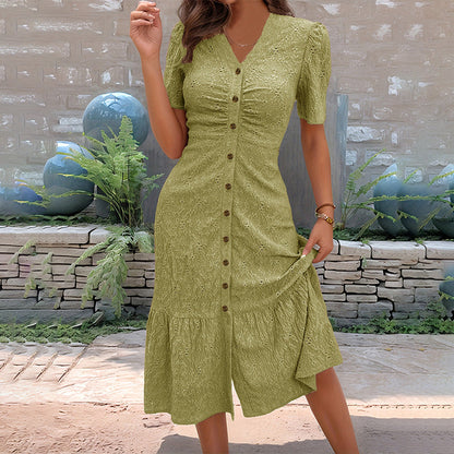 🌞💃Women's Button-Up V-Neck Short Sleeve Midi Dress