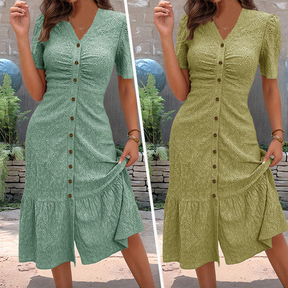 🌞💃Women's Button-Up V-Neck Short Sleeve Midi Dress