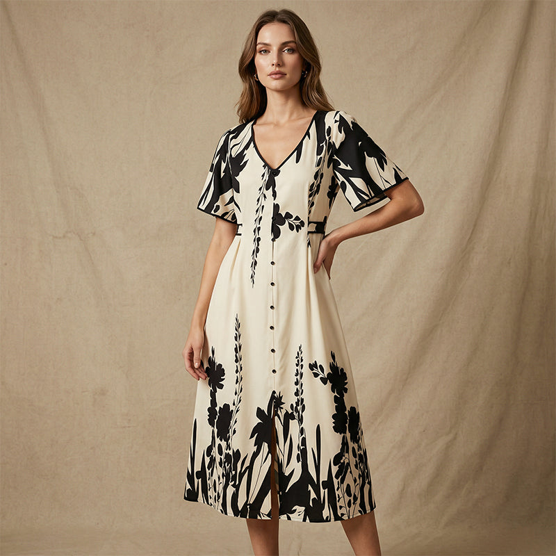 Elegant V-Neck Botanical Print Midi Dress