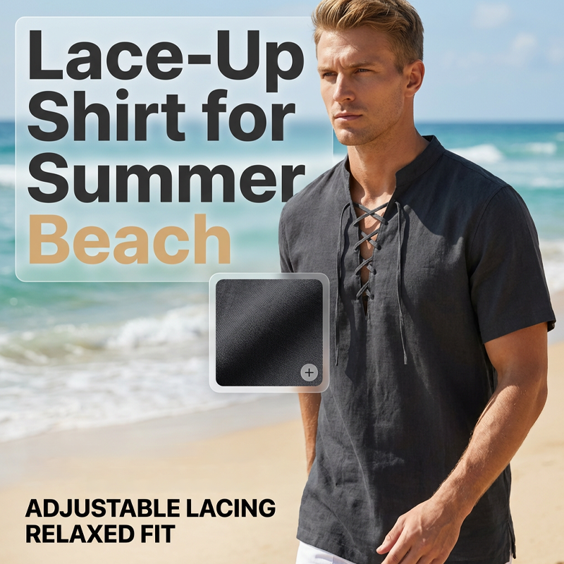 👕 50% OFF NOW! 🏖️ Men’s Casual Lace-Up Short Sleeve Shirt – Breathable Linen Blend ☀️