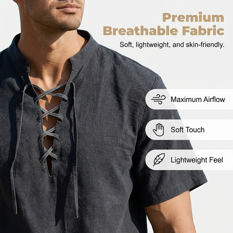 👕 50% OFF NOW! 🏖️ Men’s Casual Lace-Up Short Sleeve Shirt – Breathable Linen Blend ☀️