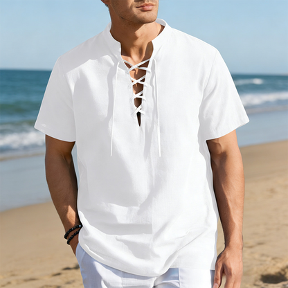 👕 50% OFF NOW! 🏖️ Men’s Casual Lace-Up Short Sleeve Shirt – Breathable Linen Blend ☀️