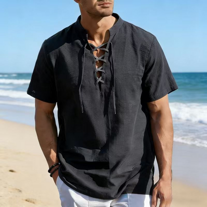 👕 50% OFF NOW! 🏖️ Men’s Casual Lace-Up Short Sleeve Shirt – Breathable Linen Blend ☀️
