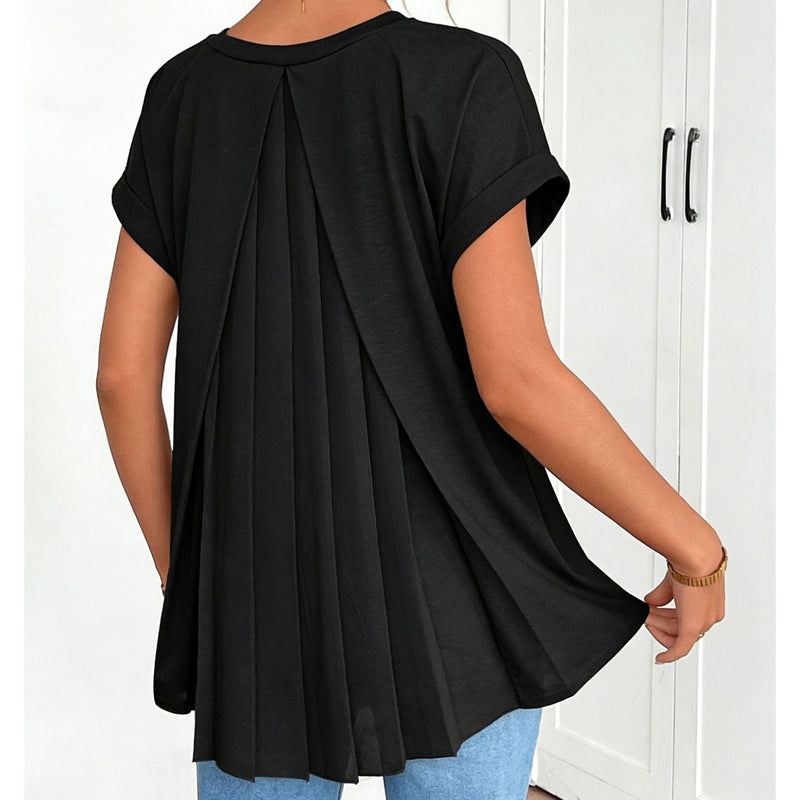 Flowy Short Sleeve Top with Inverted Pleat Back