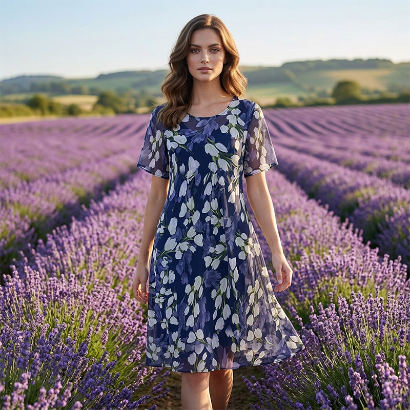 💎 50% OFF! 💎 Short-Sleeved A-Line Evening Dress – Elegant Floral Print, Double-Layer Chiffon & Flattering Knee-Length Cut 👗💙