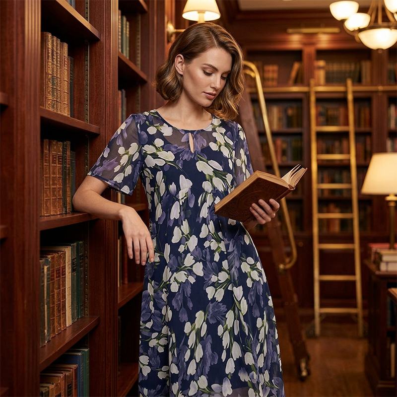 💎 50% OFF! 💎 Short-Sleeved A-Line Evening Dress – Elegant Floral Print, Double-Layer Chiffon & Flattering Knee-Length Cut 👗💙