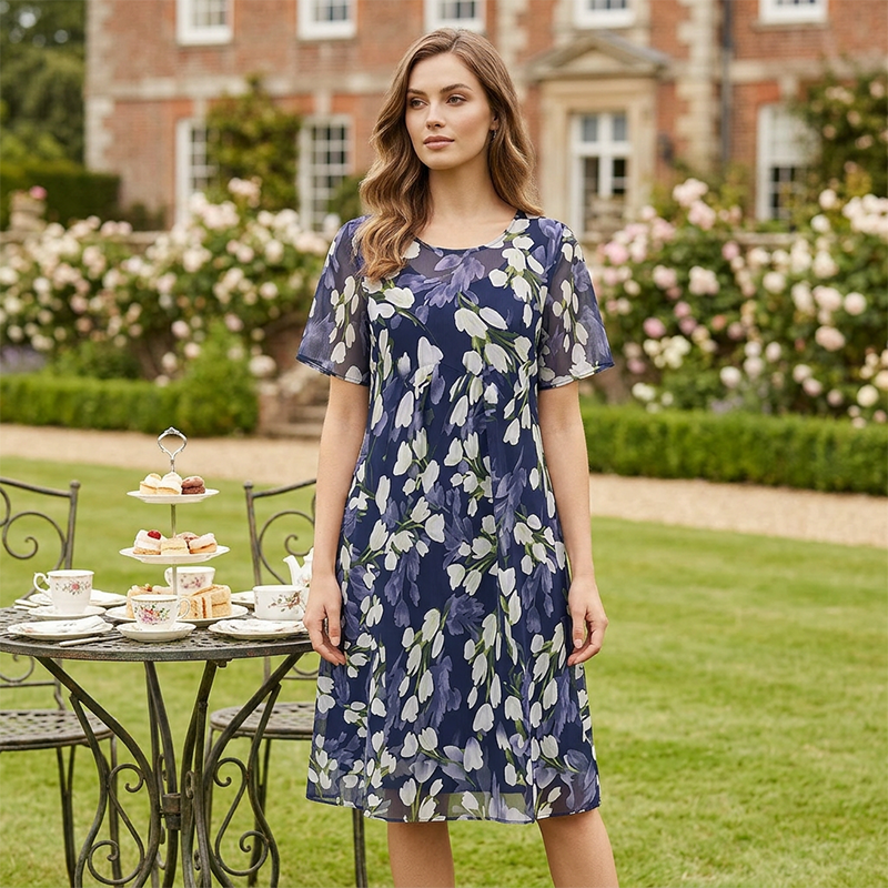 💎 50% OFF! 💎 Short-Sleeved A-Line Evening Dress – Elegant Floral Print, Double-Layer Chiffon & Flattering Knee-Length Cut 👗💙
