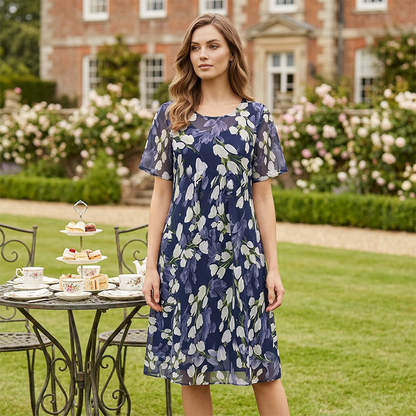 💎 50% OFF! 💎 Short-Sleeved A-Line Evening Dress – Elegant Floral Print, Double-Layer Chiffon & Flattering Knee-Length Cut 👗💙